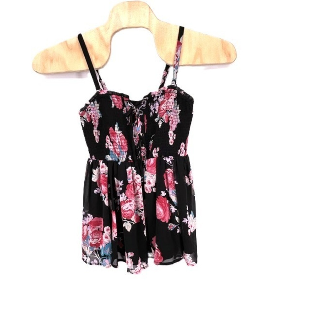 Torrid Electric Rose Babydoll Chiffon Smocked Cami Top Black Floral 00 M/L 10